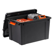 Lockable Lid Plastic Storage Bins Stackable Totes Heavy Duty Containers Black Finish 19 Gal.