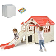 Kids Playhouse and Slide Outdoor Cottage Pretend Playhouse with  Doors and Windows, Picnic Table, Toy Set & Tray, Waterproof