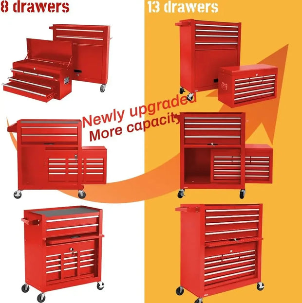 13-Drawer Tool Chest with Wheels 2 in 1 Detachable Rolling Tool Chests with Drawers Large Tool Box with Lock Mobile Steel