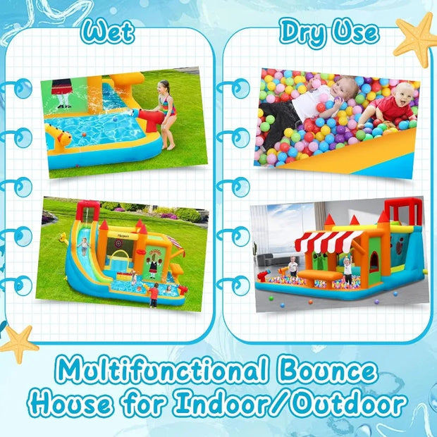 Inflatable Bounce House Water Slide, Bounce House for Kids with Toy Market Stand Splash Pool Bouncer Climbing Wall Water Gun