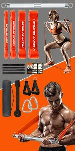 Portable Extra Heavy Home Gym Resistance Band Bar Set with 4 Stackable Resistance Bands,Detachable Full Body Workout Equipment E