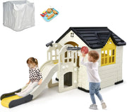 Kids Playhouse and Slide Outdoor Cottage Pretend Playhouse with  Doors and Windows, Picnic Table, Toy Set & Tray, Waterproof