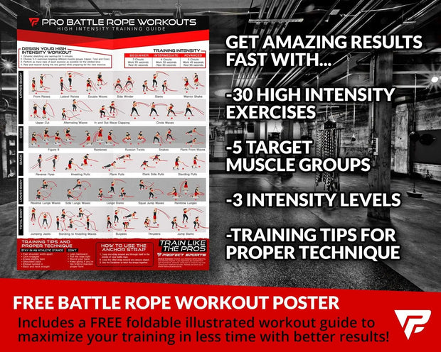 Pro Battle Ropes with Anchor Strap Kit and Exercise Poster – Upgraded Durable Protective Sleeve – 100% Poly Dacron Heavy Battle