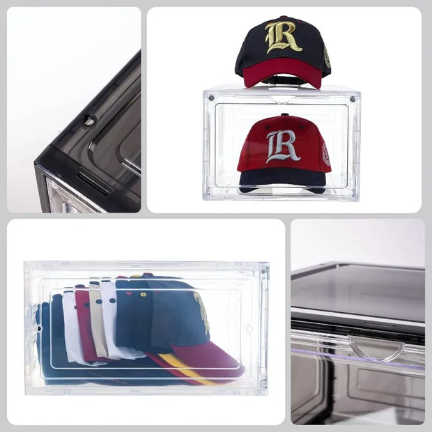 Hat Organizer for Baseball Caps,set of 6, Transparent Hat Storage Box,Holder With Clear Magnetic Door, Stackable Rack