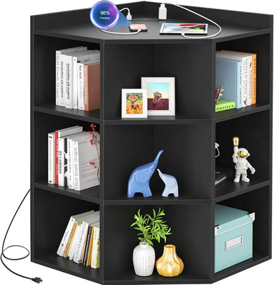 Corner Cabinet Storage with USB Ports and Outlets, Cube Toy Storage for Small Space, Wooden Cubby Bookshelf with 9 Cubes