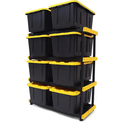 CX Black & Yellow, Shelving Unit and Heavy Duty Storage Containers, Extremely Durable® (Shelf + 27 Gallon Container (8-Pack))