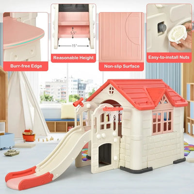 Kids Playhouse and Slide Outdoor Cottage Pretend Playhouse with  Doors and Windows, Picnic Table, Toy Set & Tray, Waterproof