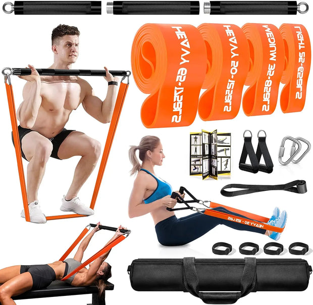 Portable Extra Heavy Home Gym Resistance Band Bar Set with 4 Stackable Resistance Bands,Detachable Full Body Workout Equipment E