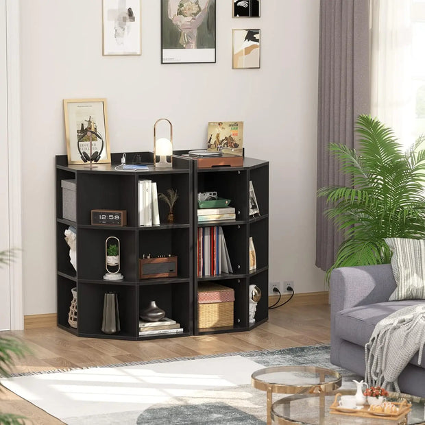 Corner Cabinet Storage with USB Ports and Outlets, Cube Toy Storage for Small Space, Wooden Cubby Bookshelf with 9 Cubes