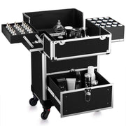 Professional Cosmetic Train Case Aluminum Portable Makeup Storage Case Box with Folding Trays and Universal Wheels Black