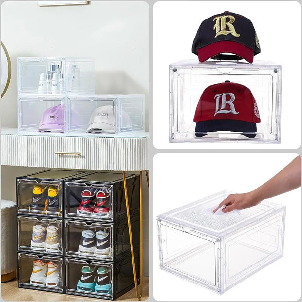 Hat Organizer for Baseball Caps,set of 6, Transparent Hat Storage Box,Holder With Clear Magnetic Door, Stackable Rack