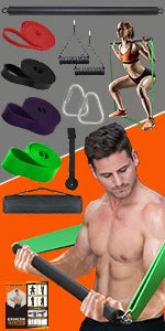 Portable Extra Heavy Home Gym Resistance Band Bar Set with 4 Stackable Resistance Bands,Detachable Full Body Workout Equipment E