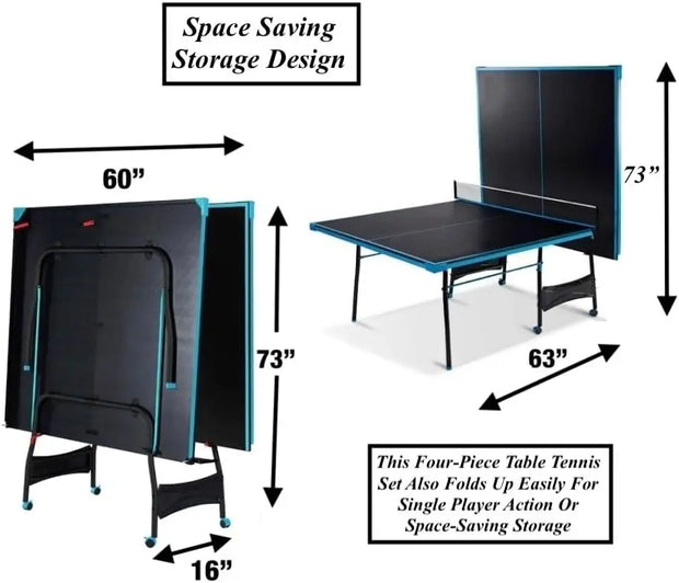 Black Blue Folding Rolling Table Tennis Table Indoor Ping Pong Table with 2 Paddles 2 Balls 1 Net and Post Set 4 Wheels for Easy