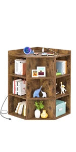 Corner Cabinet Storage with USB Ports and Outlets, Cube Toy Storage for Small Space, Wooden Cubby Bookshelf with 9 Cubes