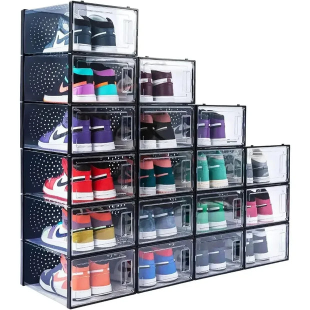 18 Pack Clear Shoe Organizer Stackable  Box Foldable Storage Bins Container  Large Size  (X-Large)