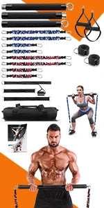 Portable Extra Heavy Home Gym Resistance Band Bar Set with 4 Stackable Resistance Bands,Detachable Full Body Workout Equipment E