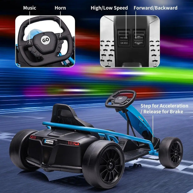 Kart for Kids, 24V 9Ah Battery Two 300W Motors, 8MPH Fast Drifting Circling Car, Electric Ride Toy Slow Start Functio