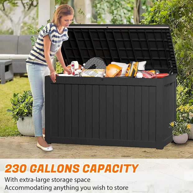 Resin Deck Box 230 Gallon, Indoor Outdoor Storage Boxes Lockable, Waterproof Storage Bin, Large Organization and Storage for Pat