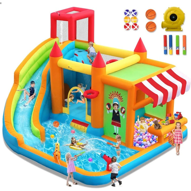 Inflatable Bounce House Water Slide, Bounce House for Kids with Toy Market Stand Splash Pool Bouncer Climbing Wall Water Gun