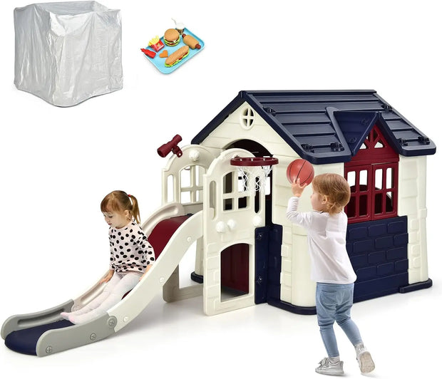 Kids Playhouse and Slide Outdoor Cottage Pretend Playhouse with  Doors and Windows, Picnic Table, Toy Set & Tray, Waterproof