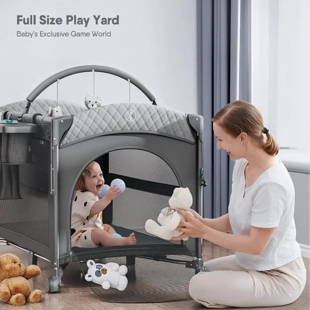 Pack and Play, Bedside Crib Sleeper, Diaper Changer - Comes with Mattress, Mosquito Net，Bottom Storage and Toy Bar