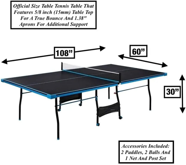 Black Blue Folding Rolling Table Tennis Table Indoor Ping Pong Table with 2 Paddles 2 Balls 1 Net and Post Set 4 Wheels for Easy