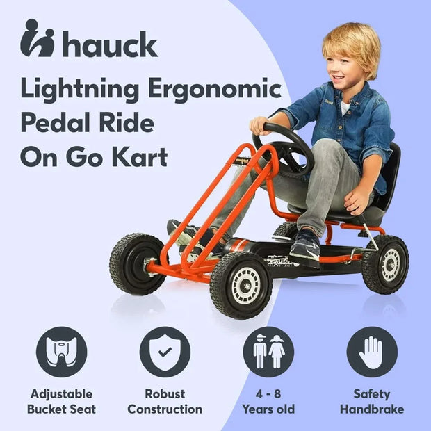 Lightning Ride On Pedal Go Kart Toy with Ergonomic Adjustable Bucket Seat, Handbrake, and Sharp Handling for Boys and Girls