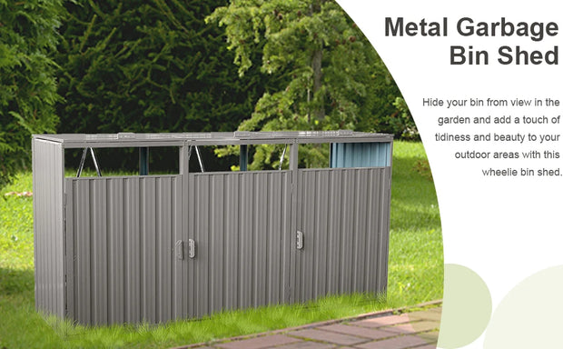 Outdoor Trash Can Storage 3 Bins,Garbage Bin Storage Shed with Waterproof Metal,Suitable for Garden Yard(Light Grey-3 Doors)