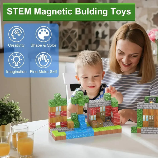 Magnetic Building Blocks Mine World Magnet Cube Set for Boy Girl Kid Age 3+ DIY Model Children Stem Minecrafts Sensory Toy