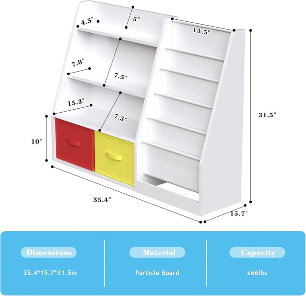 Layer Sling Children Bookcase with 2 Drawers,Storage Book Rack,Book Toy Organizer Cabinet,for Kids Room,Playroom, Kindergarten,N