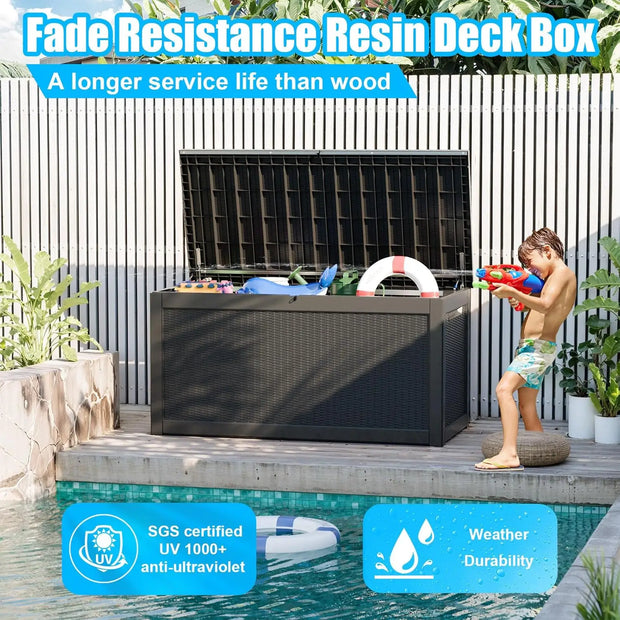 Large Resin Deck Box, Lockable Outdoor Storage Box for Patio Cushions Storage Furniture,Garden Tools, Pool Supplies, Weatherproo