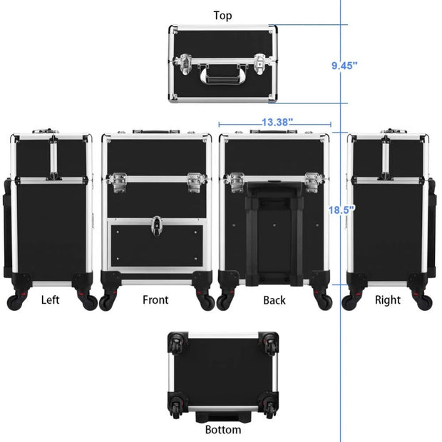 Professional Cosmetic Train Case Aluminum Portable Makeup Storage Case Box with Folding Trays and Universal Wheels Black