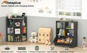 Corner Cabinet Storage with USB Ports and Outlets, Cube Toy Storage for Small Space, Wooden Cubby Bookshelf with 9 Cubes