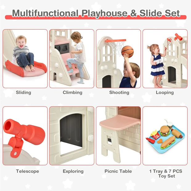 Kids Playhouse and Slide Outdoor Cottage Pretend Playhouse with  Doors and Windows, Picnic Table, Toy Set & Tray, Waterproof