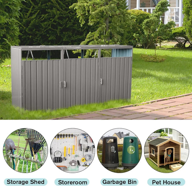 Outdoor Trash Can Storage 3 Bins,Garbage Bin Storage Shed with Waterproof Metal,Suitable for Garden Yard(Light Grey-3 Doors)