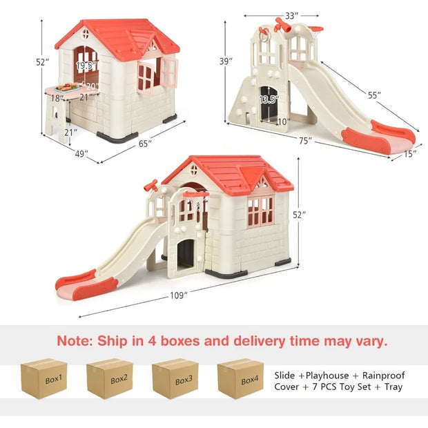 Kids Playhouse and Slide Outdoor Cottage Pretend Playhouse with  Doors and Windows, Picnic Table, Toy Set & Tray, Waterproof