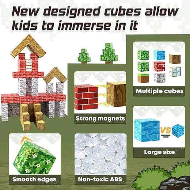 Magnetic Building Blocks Mine World Magnet Cube Set for Boy Girl Kid Age 3+ DIY Model Children Stem Minecrafts Sensory Toy