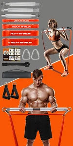 Portable Extra Heavy Home Gym Resistance Band Bar Set with 4 Stackable Resistance Bands,Detachable Full Body Workout Equipment E