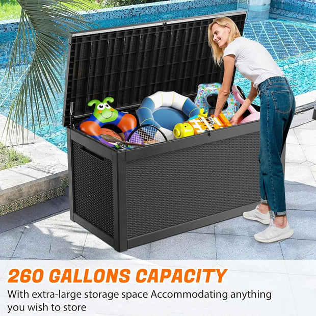 Resin Deck Box 230 Gallon, Indoor Outdoor Storage Boxes Lockable, Waterproof Storage Bin, Large Organization and Storage for Pat