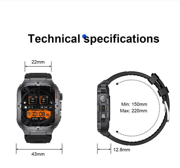 men's smartwatch, Bluetooth call tracker, military sports waterproof watch, digital fitness tracker smartwatch, LED flashlight