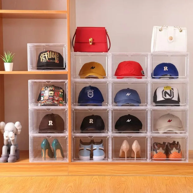 Hat Organizer for Baseball Caps,set of 6, Transparent Hat Storage Box,Holder With Clear Magnetic Door, Stackable Rack