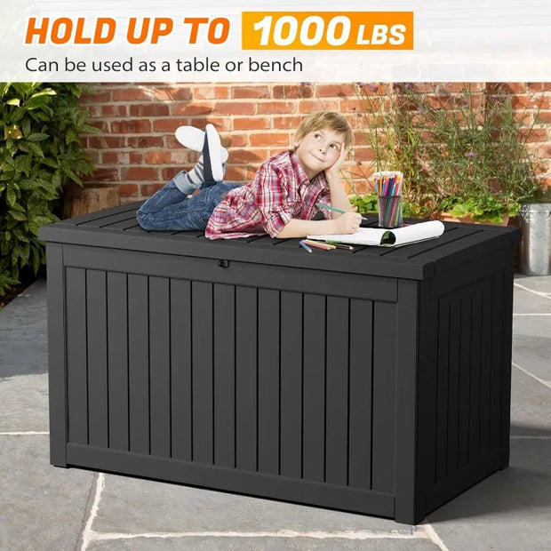 Resin Deck Box 230 Gallon, Indoor Outdoor Storage Boxes Lockable, Waterproof Storage Bin, Large Organization and Storage for Pat