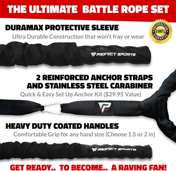 Pro Battle Ropes with Anchor Strap Kit and Exercise Poster – Upgraded Durable Protective Sleeve – 100% Poly Dacron Heavy Battle