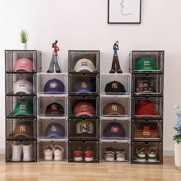 Hat Organizer for Baseball Caps,set of 6, Transparent Hat Storage Box,Holder With Clear Magnetic Door, Stackable Rack