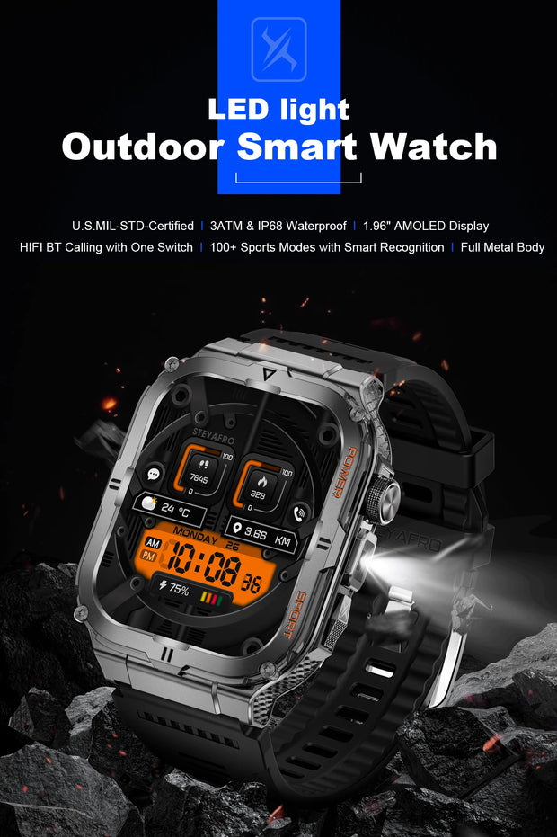 men's smartwatch, Bluetooth call tracker, military sports waterproof watch, digital fitness tracker smartwatch, LED flashlight