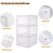 Hat Organizer for Baseball Caps,set of 6, Transparent Hat Storage Box,Holder With Clear Magnetic Door, Stackable Rack