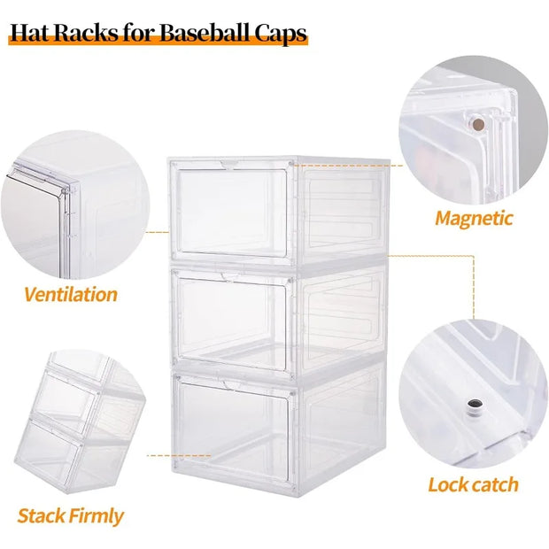 Hat Organizer for Baseball Caps,set of 6, Transparent Hat Storage Box,Holder With Clear Magnetic Door, Stackable Rack