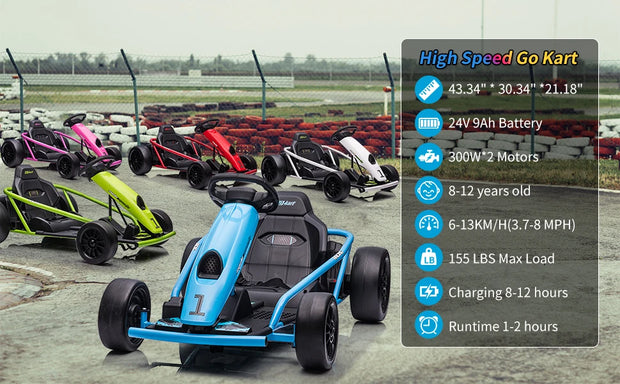 Kart for Kids, 24V 9Ah Battery Two 300W Motors, 8MPH Fast Drifting Circling Car, Electric Ride Toy Slow Start Functio