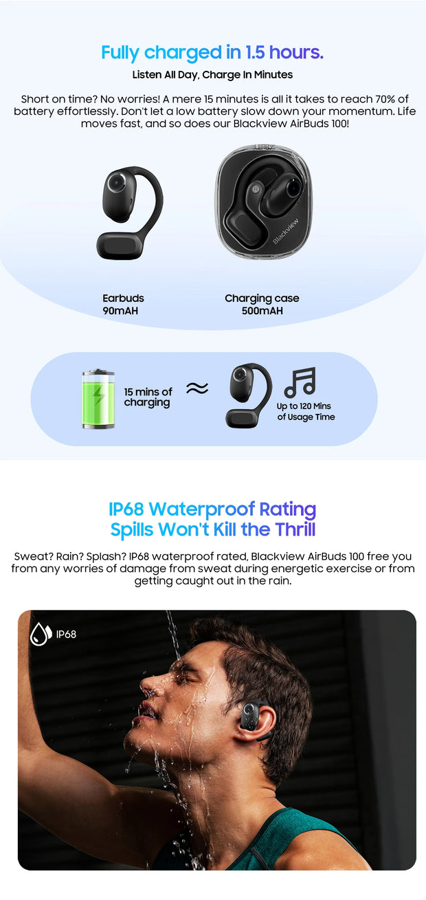 Blackview Airbus 100 earphones with open wireless, sport air guided bass ENC, TWS with microphone 500mAh IP68