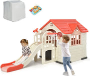 Kids Playhouse and Slide Outdoor Cottage Pretend Playhouse with  Doors and Windows, Picnic Table, Toy Set & Tray, Waterproof